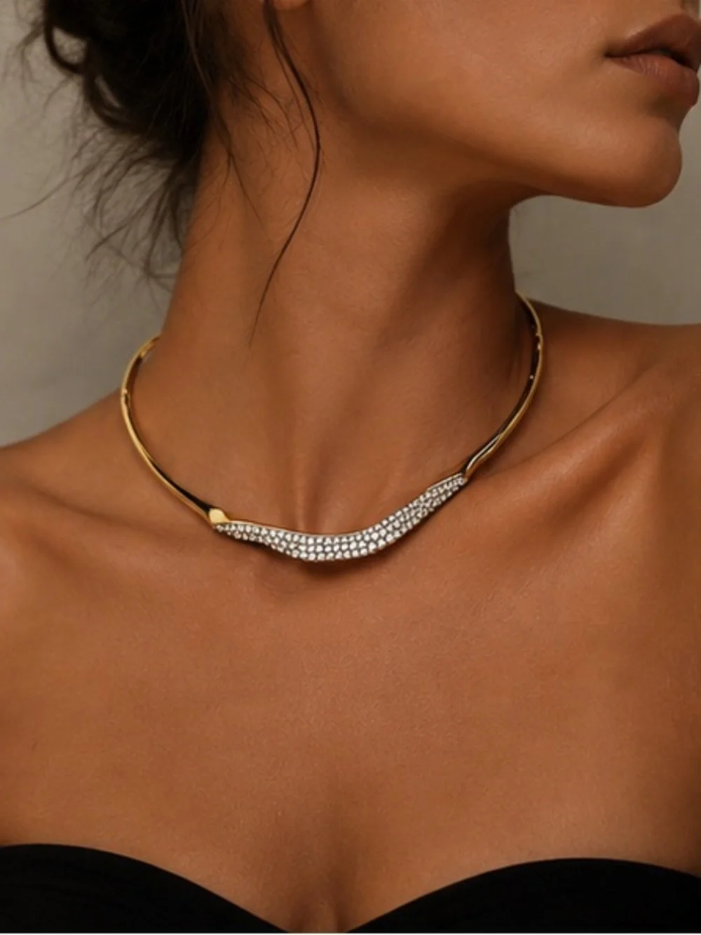 Gold Collar Necklace with White Pearl Accent